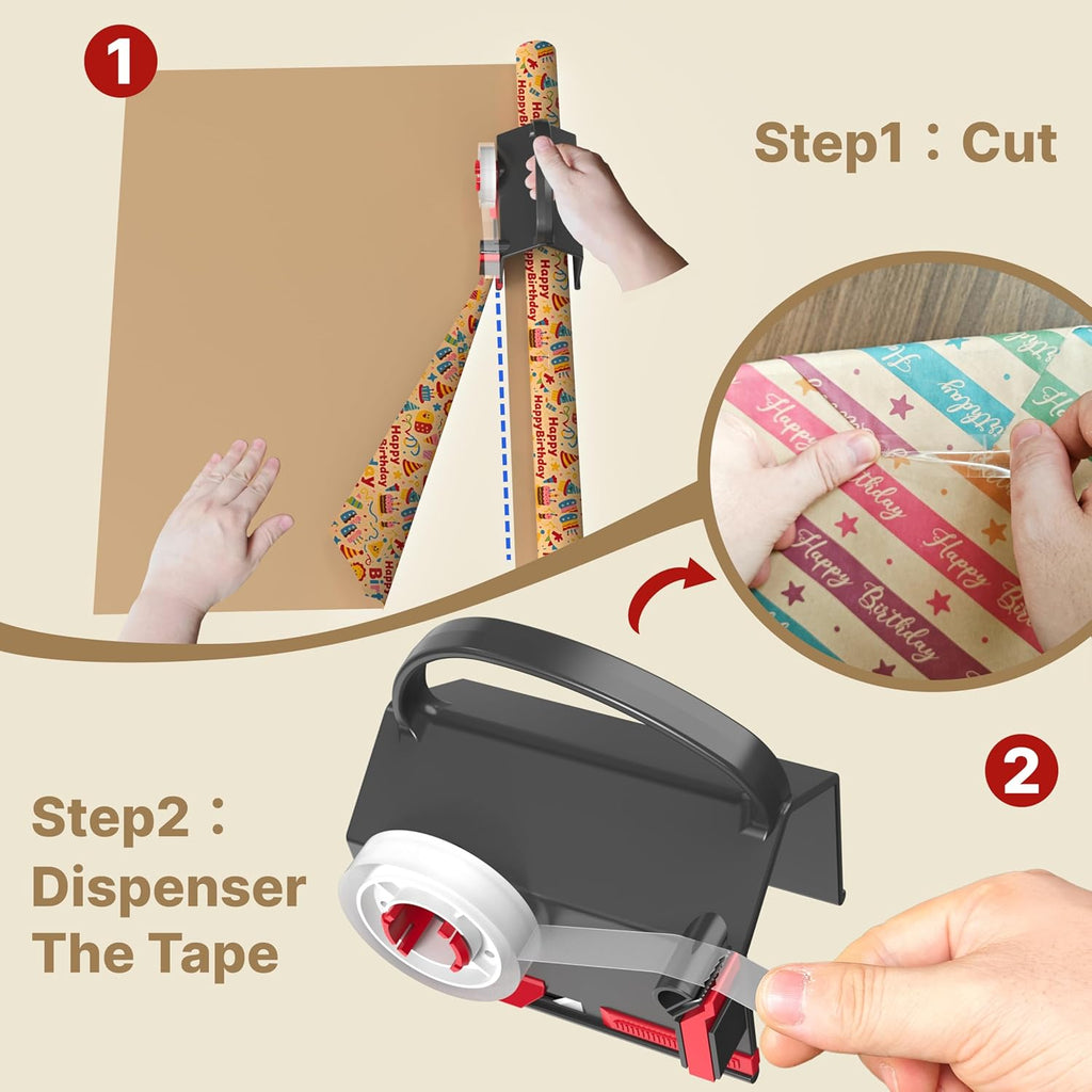 Wraprocut Wrapping Paper Cutter & Tape Dispenser - 2-Pack with 4 Tapes & 2 Replacement Blades for Easy Holiday Gift Wrapping