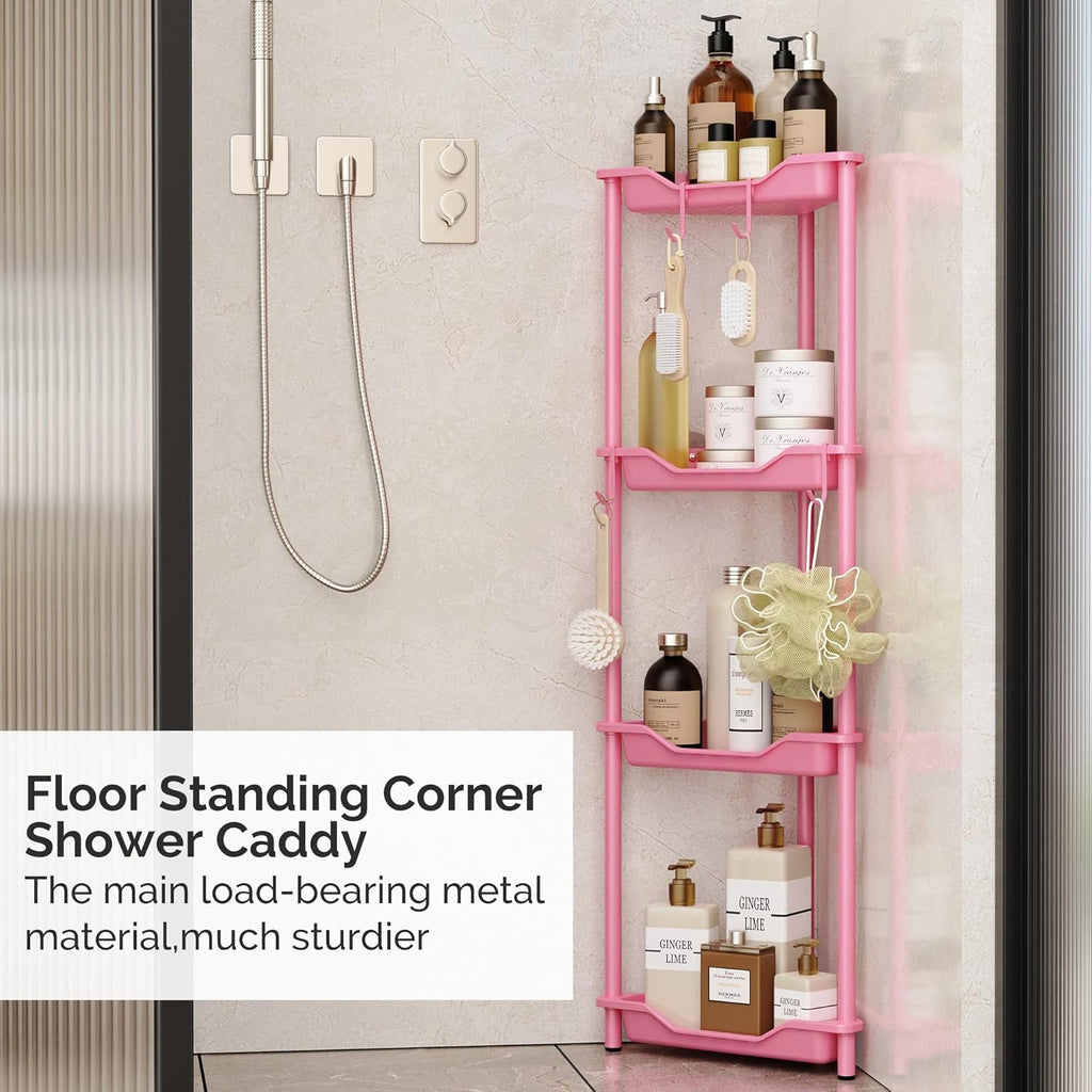 Orimade Rustproof 4-Tier Corner Shower Caddy Organizer - Durable Plastic & Metal, Pink | 10.8 x 10.8 x 44.6 Inches