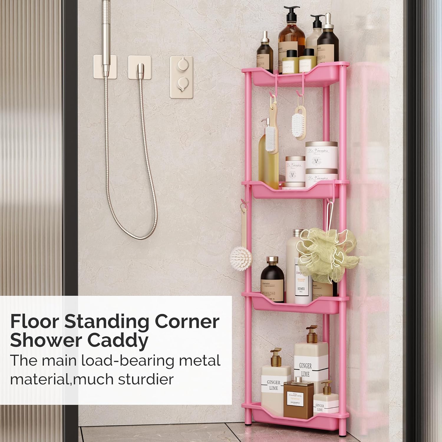 Orimade Rustproof 4-Tier Corner Shower Caddy Organizer - Durable Plastic & Metal, Pink | 10.8 x 10.8 x 44.6 Inches