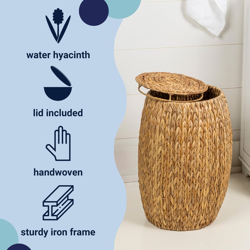 happimess SSL1001A Colt 21.06" Coastal Bohemian Handwoven Hyacinth Barrel Wicker Storage Basket with Lid End Table,Natural Side Table for Decoration in Bathroom, Bedroom, Living Room
