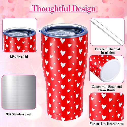 Hushee 9 Pcs Valentine's Day Tumbler with Lid and Straw Stainless Steel 20 oz Heart Love Print Double Wall Vacuum Insulated Cup Travel Mugs for Hot and Cold Drink