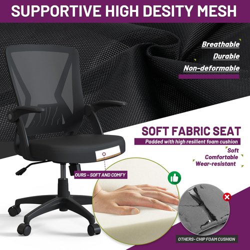Swivel Ergonomic Mesh Mid Back Office Desk Chair with Height Adjustable Flip Up Armrests and Wheels for Adult Home Study
