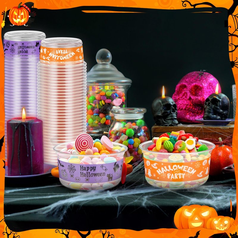 SiliFine 100 Pcs Halloween Candy Bowls 12 oz Plastic Clear Bowls Bulk Disposable Halloween Party Serving Dishes for Fruit, Candy, Desserts, Snacks, Soup, Salads, Parfaits