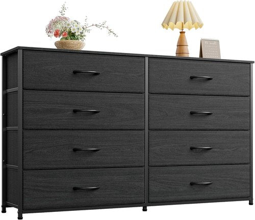 Furnulem Wide Dresser - 8 Fabric Drawers & Wood Top - Stylish Storage for 55'' TV | Black Oak