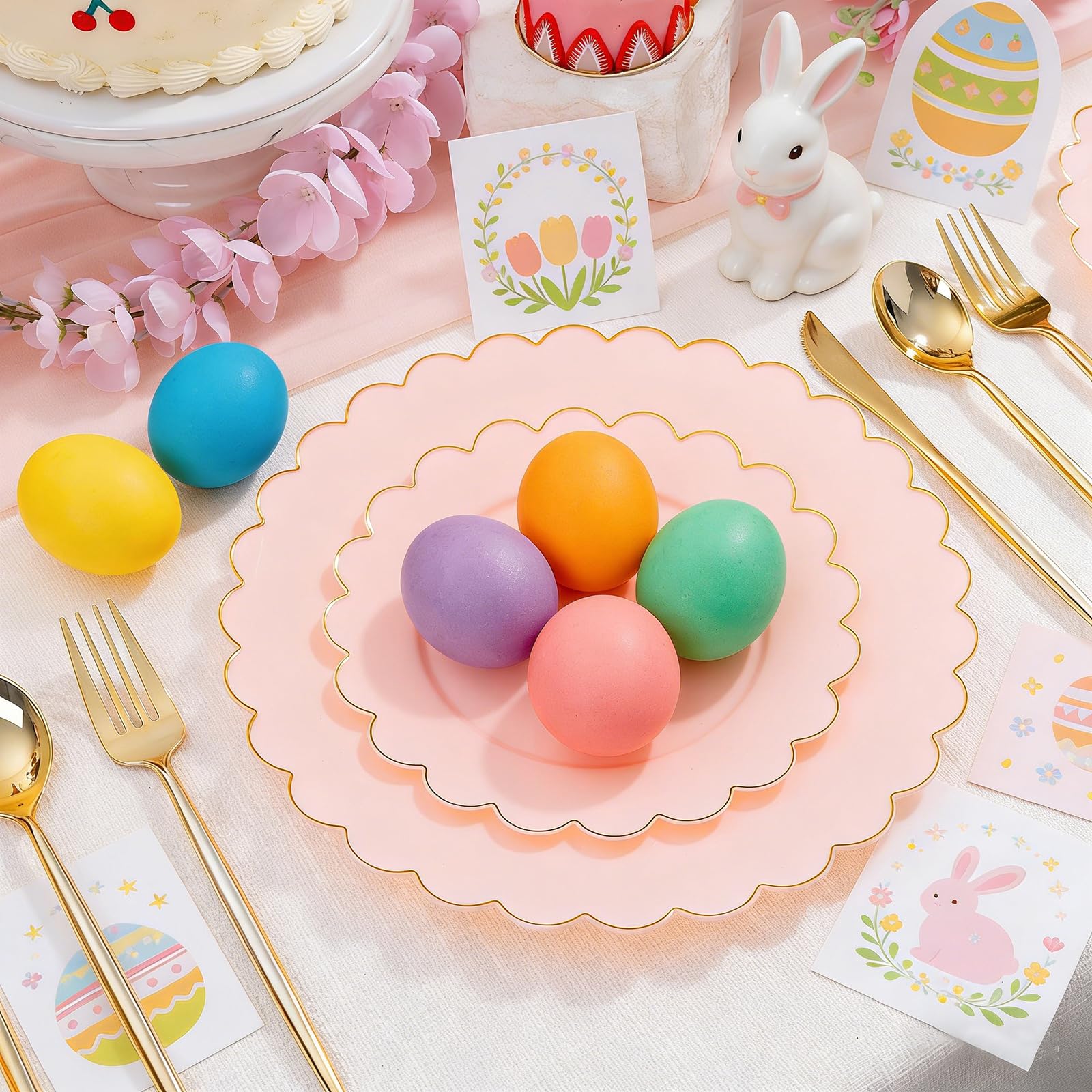 LIYH 120 Pcs Pink Plastic Plates Disposable Set Includes 60 Dinner Plate 10.25" & 60 Dessert Plate 7.5" with Elegant Gold Rim for Party Birthday Baby Shower Easter