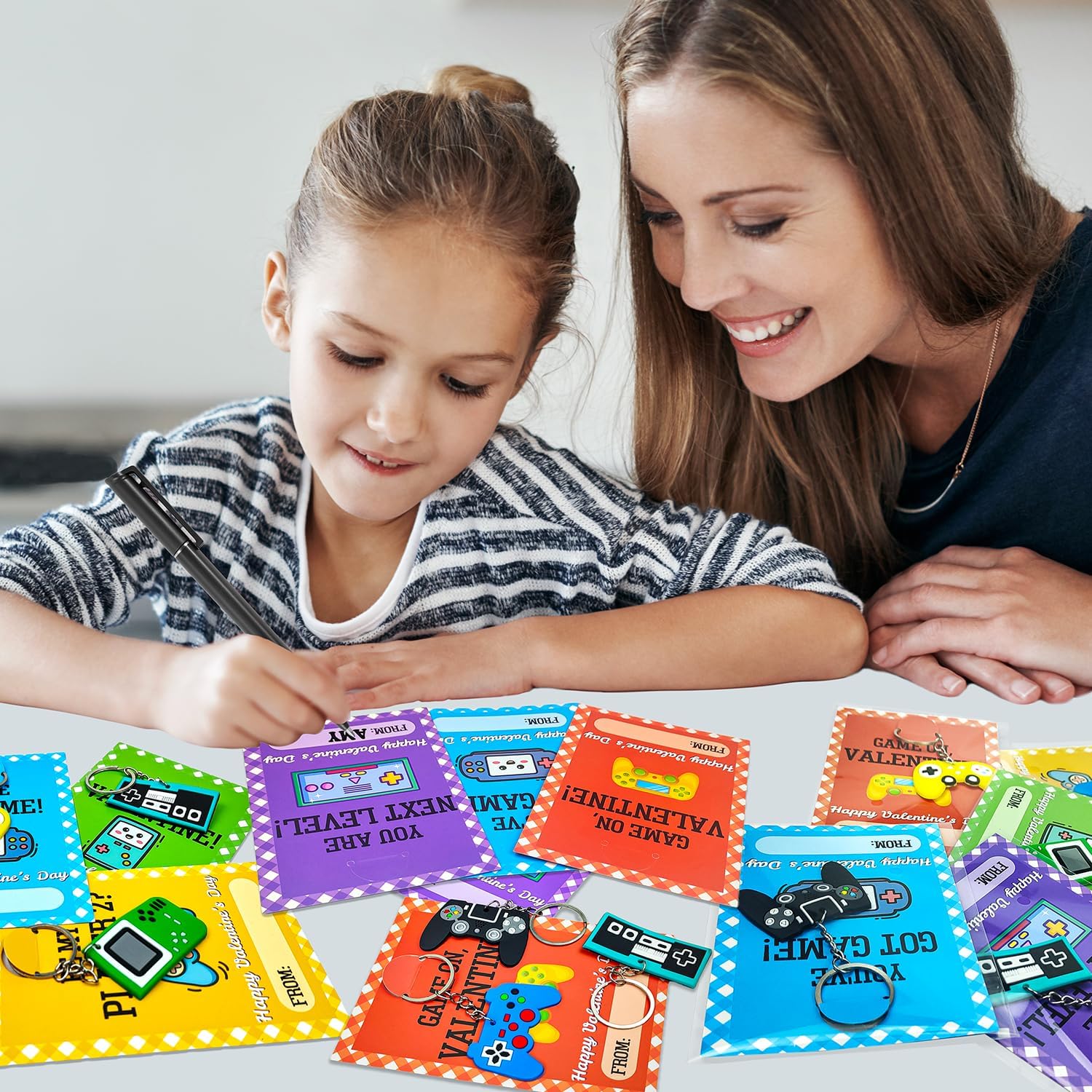 Skiennix Bulk Valentine's Day Cards - 48 Pack Video Game Keychains for Kids | Perfect Classroom Exchange Gifts