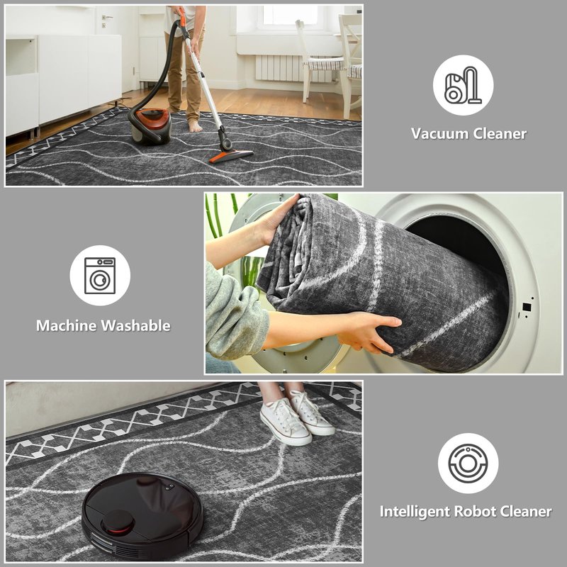 DweIke 5x7 Area Rugs for Living Room, Machine Washable Bordered Rug for Bedroom, Luxury Rubber Backing (Non-Slip) Low Pile Throw Carpet for Dining Room Kitchen Home Decor, Black Grey