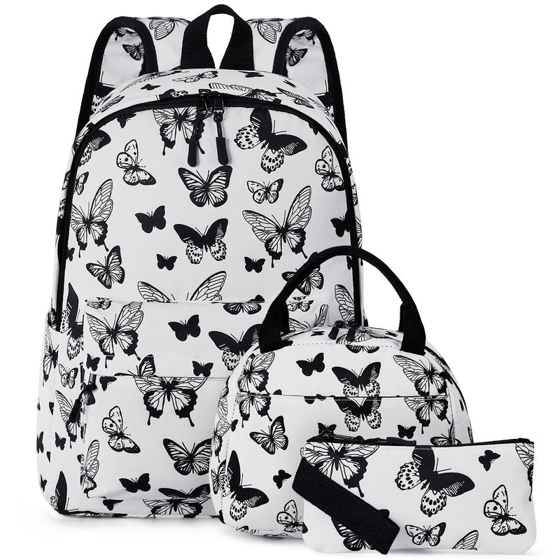 Unineovo Backpack for Teen Girls, Kids Butterfly School Bookbag Set, Lightweight Middle High School Bags with Lunch Box and Pencil Case, College Student Laptop Bag, Women Travel Daypack