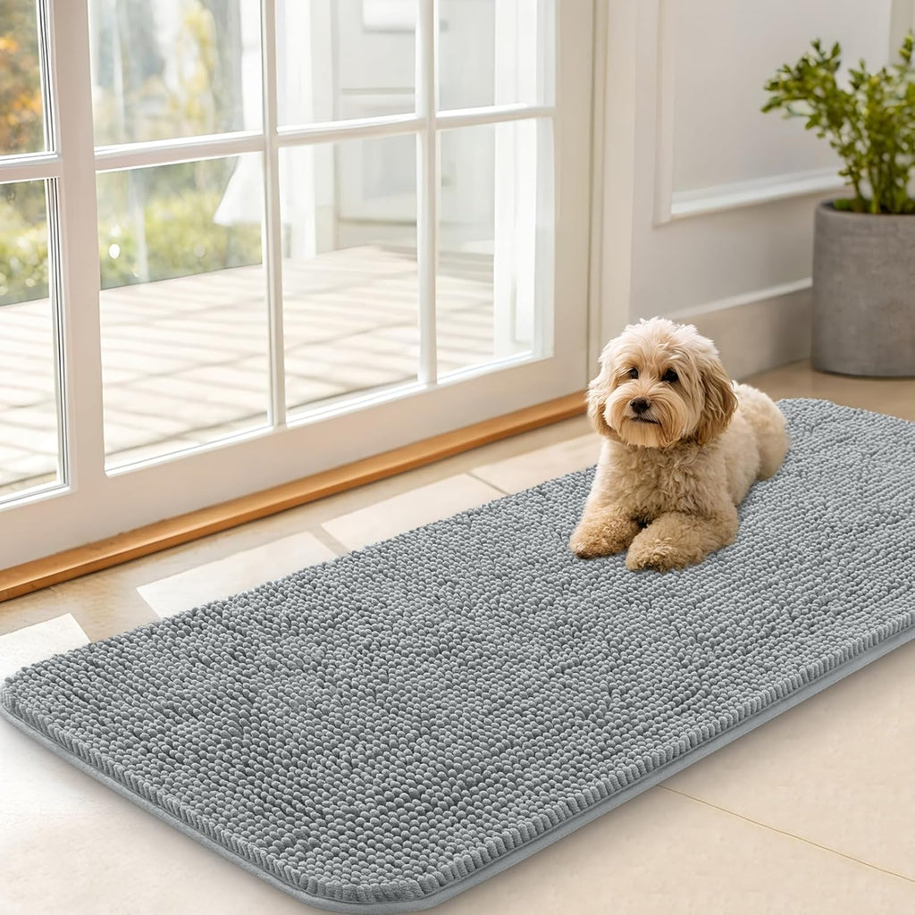 OLANLY Dog Door Mat - Absorbent Non-Slip Washable Doormat for Muddy Paws | 47x20 Grey Chenille Carpet
