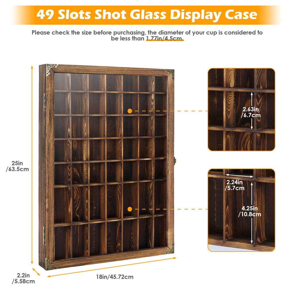 Suuiwau 1 Pcs Shot Glass Display Case, 49 Slots Shot Glass Display Cabinet Holder, Wall Mounted Glasses Collection Shelf Lockable with Acrylic Door for Home Bar Decor
