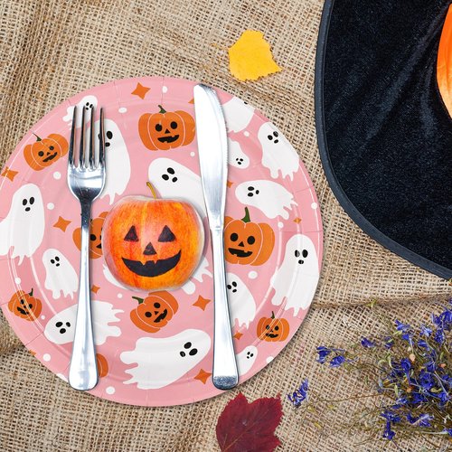 24Pcs Pink Halloween Paper Plates 9 Inch Cute Ghost Pumpkin Disposable Plates Decorative Party Plates for Halloween Birthday Party Dinner Tableware Supplies Table Decor