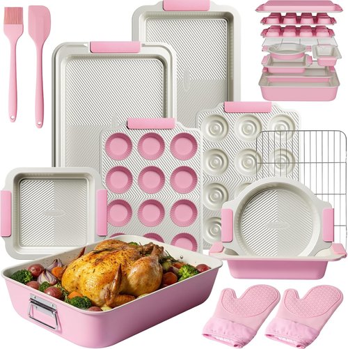 Kikcoin 25 PCS Non-Stick Baking Pans Set - Durable Silicone Handles | Oven Safe to 450°F, Pink