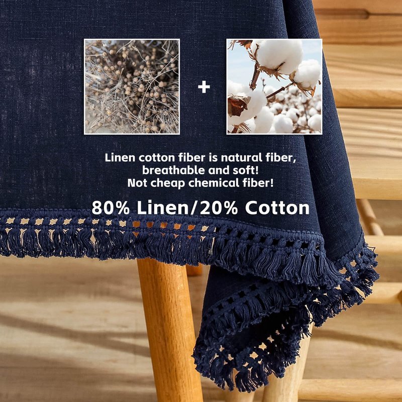 AmHoo Linen Tablecloth Table Cloth Stitching Tassel Rectangle Decorative Natural Table Cover for Kitchen Dinning Wedding Buffet 55 x 102 Inch Navy Blue