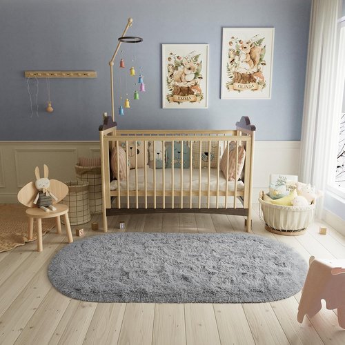 LOCHAS Gray Fluffy Shaggy Area Rug - Soft Oval Bedroom Throw Rug 2.6' x 5.3' for Kids & Nursery Decor