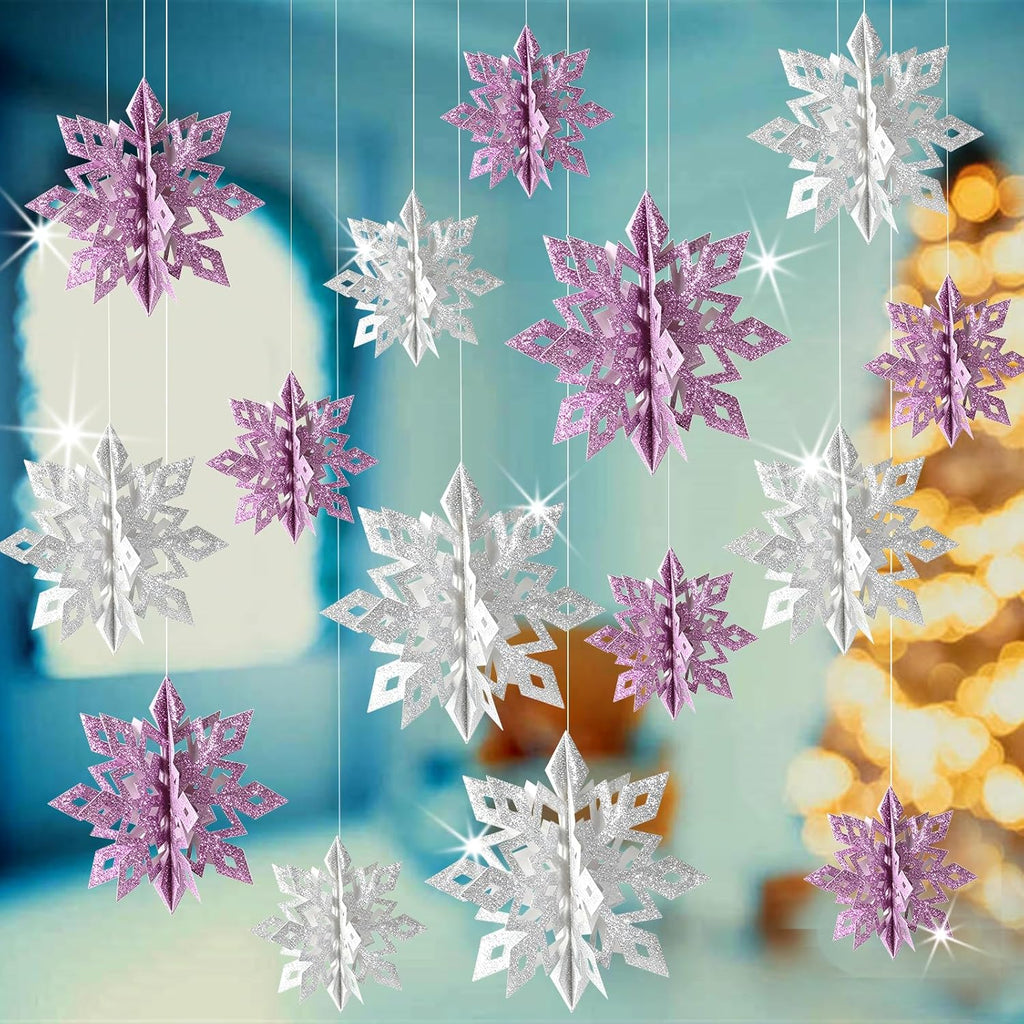 Skiennix 15-Piece 3D Glitter Snowflakes Decorations - Purple & Silver Winter Wonderland Garland