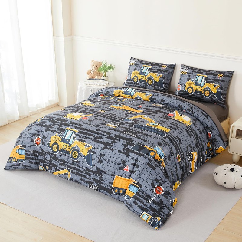ZSYAYAHA 5 Pieces Kids Comforter Sets for Boys Queen Size Cartoon Cars Bedding Set Excavator Tractor Truck Vehicle Bed in A Bag Reversible Truck Boys Bed Set with Comforter(Gray Cars, Queen)