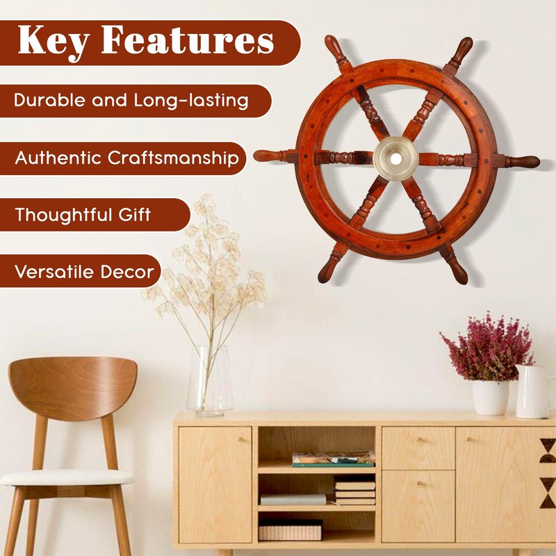 Bhartiya Handicrafts Nautical Ship Wheel for Wall Decor Rustic Wooden Pirate Boat Steering Wheel with Brass Hub – Handmade Captain’s Wheel for Nautical, Beach & Coastal Décor (18 Inch)