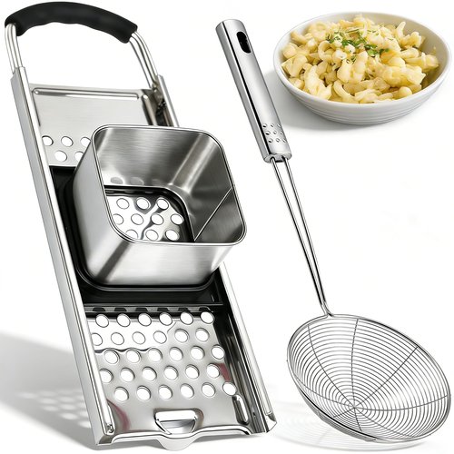 Spaetzle Maker, METLUCK Premium Stainless Steel Spaetzle Maker with Strainer Skimmer, Restaurant Quality, Dishwasher Safe, Homemade Spaetzle Noodle Maker with Comfort Handle for Pots Up to 30 CM