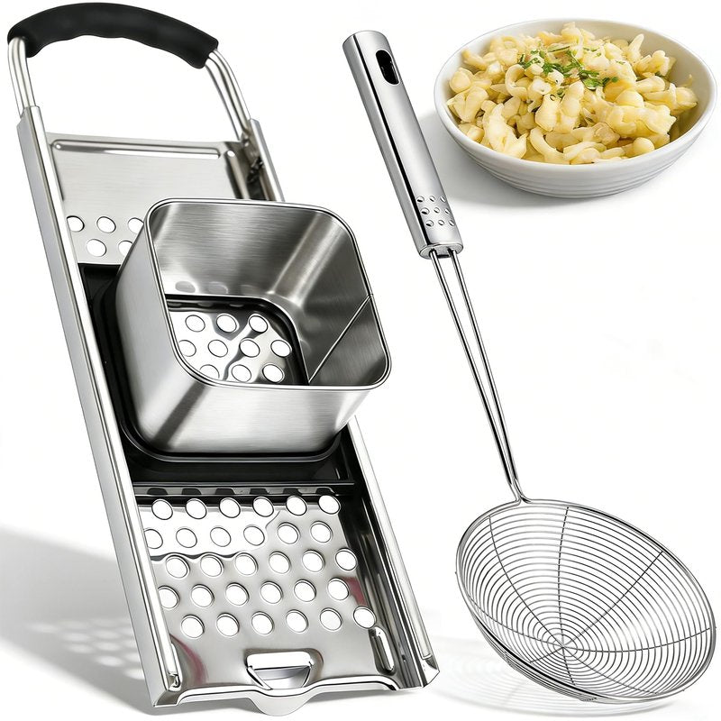 Spaetzle Maker, METLUCK Stainless Steel Spaetzle Press with Strainer Skimmer, Premium German Spaetzle Maker with Comfort Handle, Traditional Egg Noodle Dumpling Maker Tool for Home Cooking