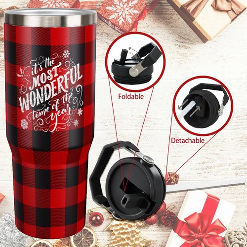 Exacmos 30oz Christmas Tumbler with Handle and Straw, Stainless Steel Vacuum Insulated Flip Straw 30 oz Buffalo Coffee Tumbler, Spill Proof Travel Mug, Merry Christmas Decor Gifts for Women