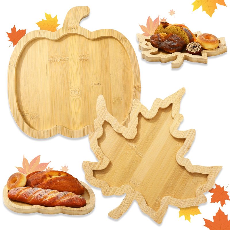 Whaline 2 Pcs Fall Serving Trays Pumpkin Maple Leaf Serving Platters Autumn Wooden Charcuterie Boards for Thanksgiving Halloween Harvest Home Party Food Supplies