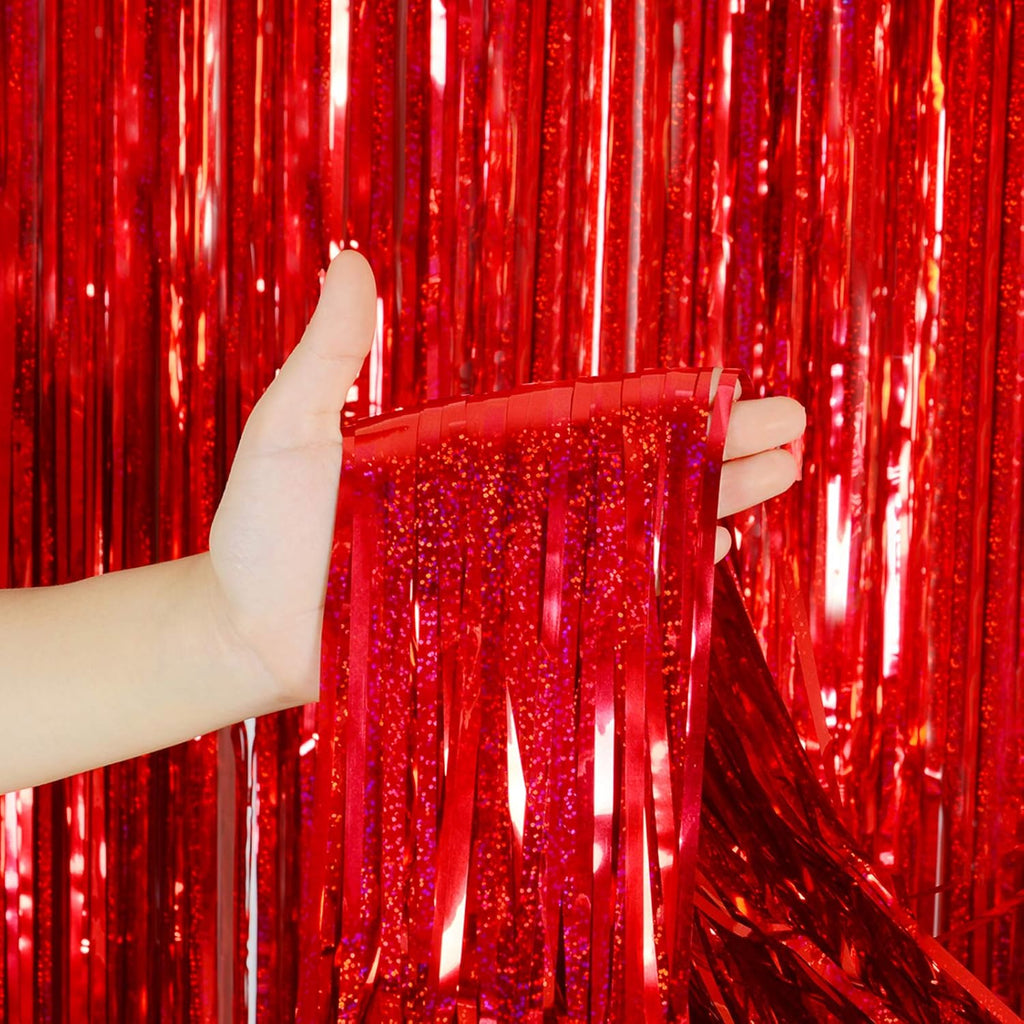 Red Foil Fringe Curtain - Shiny Tinsel Backdrop for Birthday Parties | 3 Pack, 3.2 x 8.2 ft