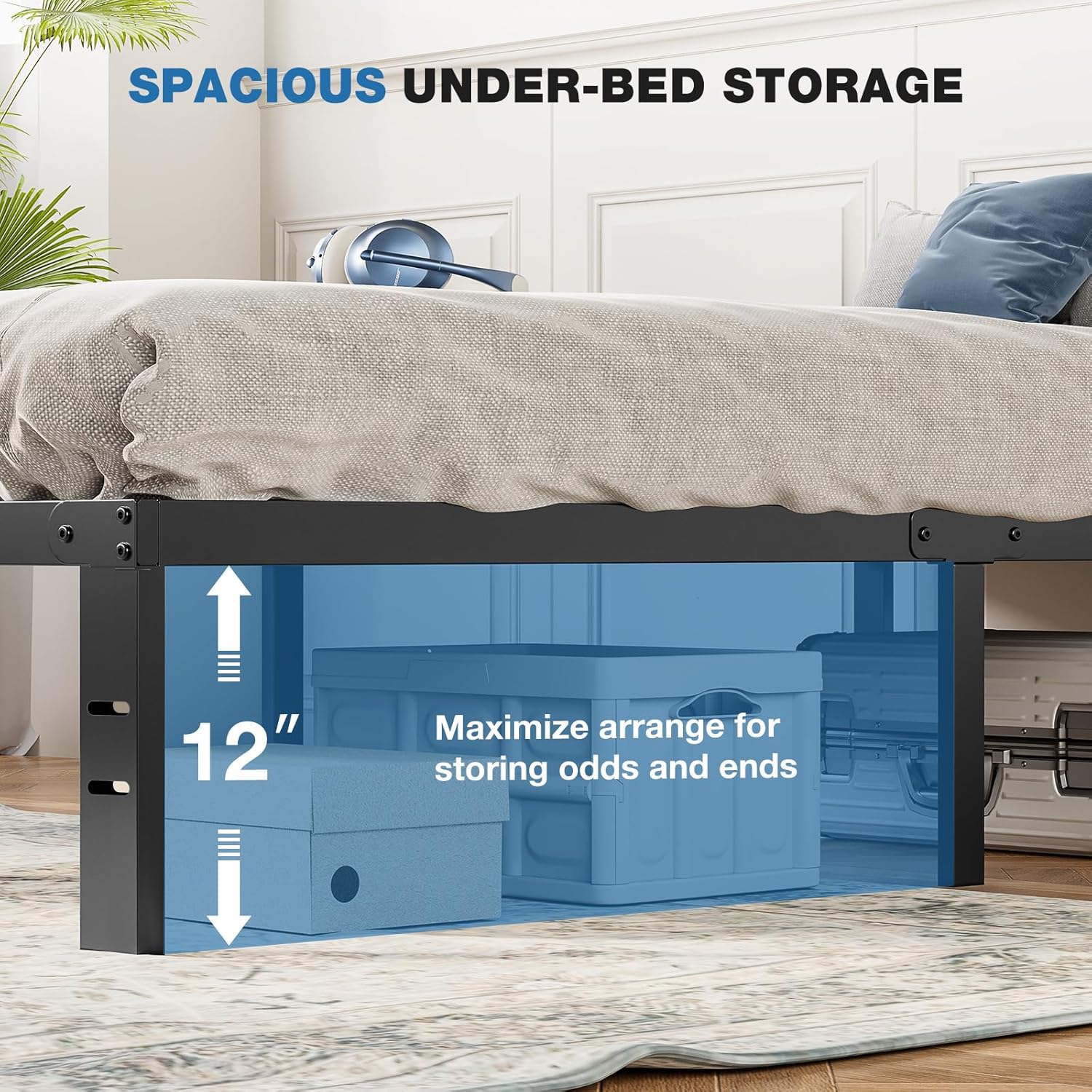 OLIXIS Metal Twin Bed Frame - 14" High with Storage Space | Sturdy Steel Slat Support, 800LBS Capacity, Black