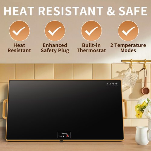 Electric Warming Tray (XXL 32”x18”)，Food Warmers for Parties Buffet with Thermostat & Full Surface Heating, Tempered Glass Warming Mat for Food, Temperature Adjustable Gold Handles Food Warming Mat