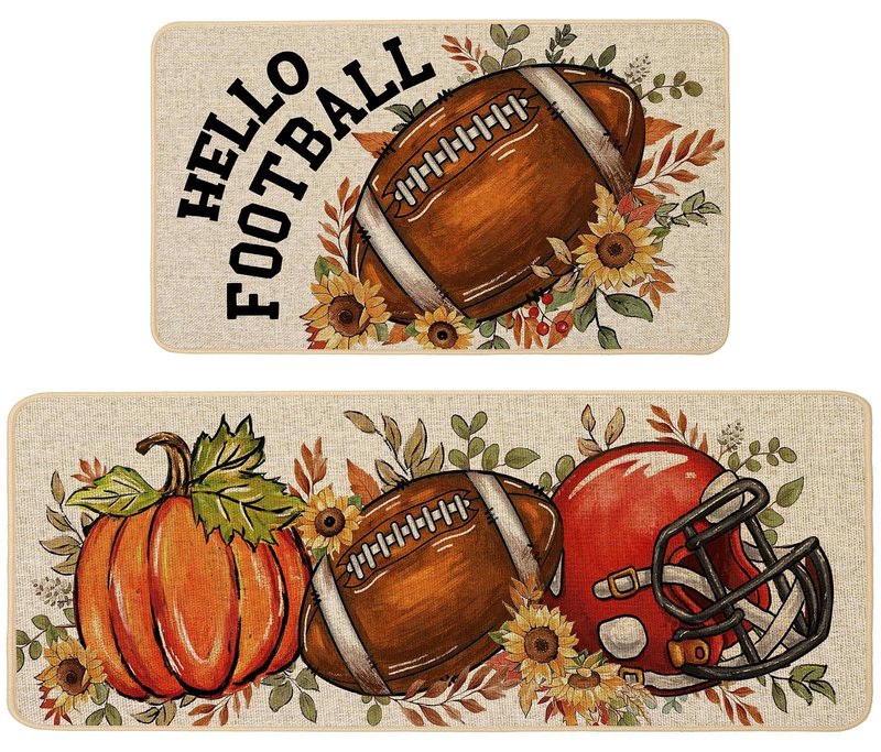 Baccessor Fall Rugby Pumpkins Kitchen Mats Set of 2,Autumn Football Pumpkins Helmet Low-Profile Non Slip Absorbent Kitchen Mat Rugs for Floor Farmhouse Thanksgiving Home Decor 17x29 and 17x47 Inch