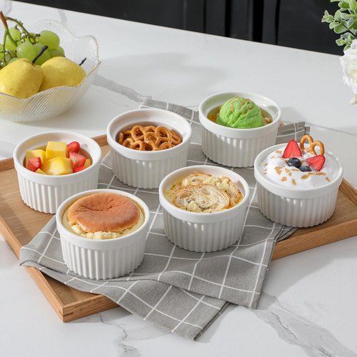 MALACASA Ramekins - 8 oz Oven Safe Porcelain Baking Cups Set of 6 | White Creme Brulee & Souffle Dishes