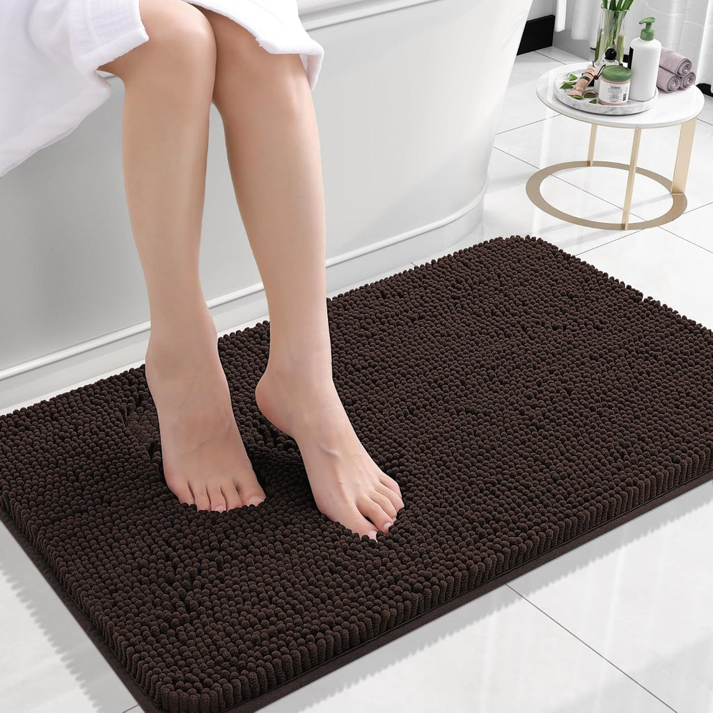 OLANLY Bath Rugs - Extra Soft Chenille, Quick-Dry & Absorbent | 24x16 Inch, Brown Machine Washable Mats