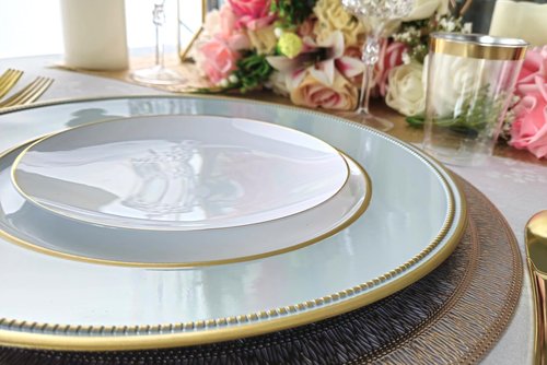 " OCCASIONS " 10 Pieces Round 13'' Round Acrylic Plastic Wedding Chargers, Dinner Party Decoration Charger Plates (Crown, Dusty Blue and Gold)