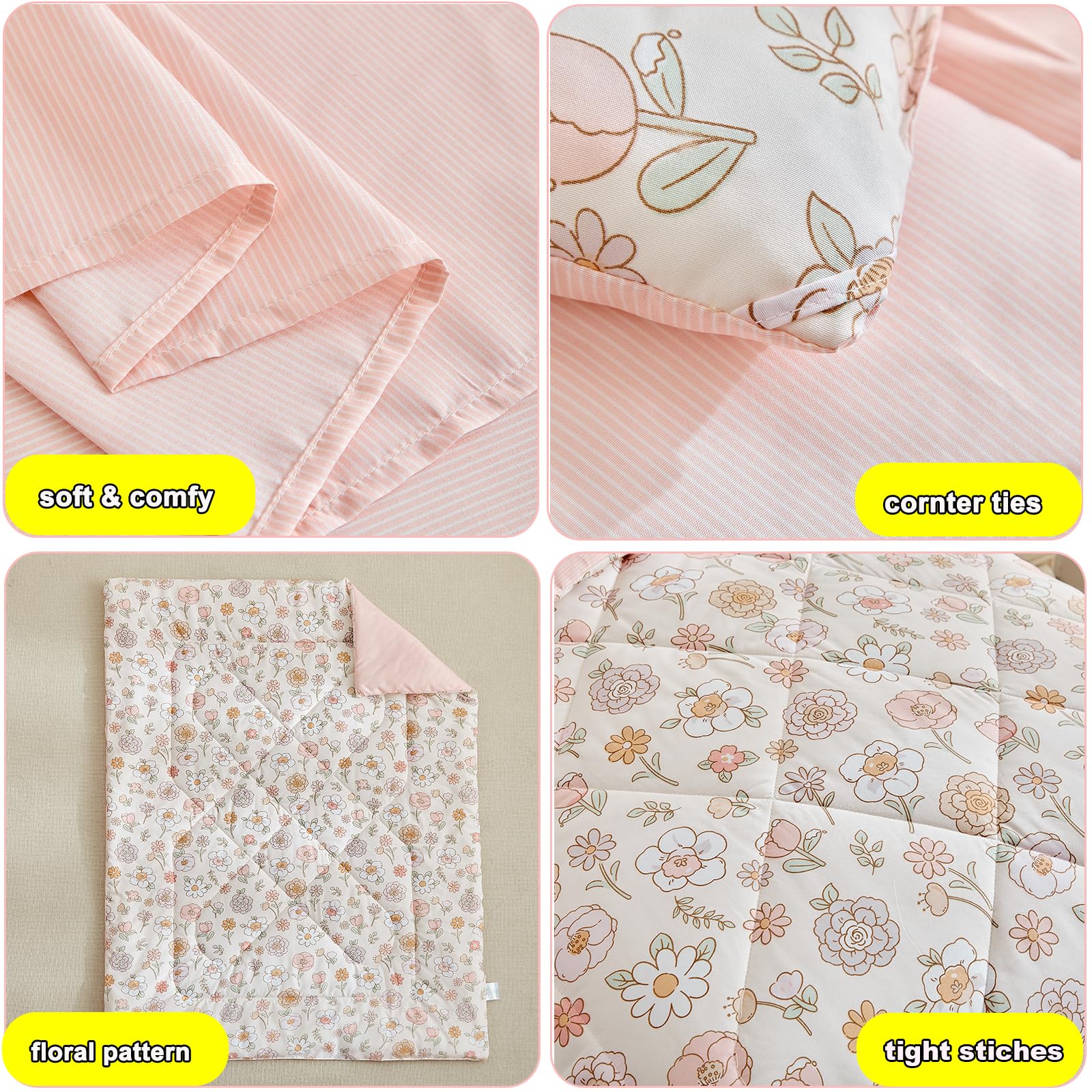 DuShow Floral 4 Piece Girls Toddler Bed Comforter Set Pink Flower Reversible Toddler Bedding Set Soft Baby Crib Bed Sheets Set in a Bag | Include Quilt Comforter,Flat Sheet,Fitted Sheet,Pillowcase