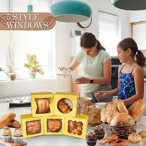 KPOSIYA 65PCS Bakery Boxes with Window 6x6x3 Inches 5 Style Cookie Boxes Small Pastry Boxes for Candy, Dessert, Pastry, Donuts, Birthday Party, Wedding(Gold)