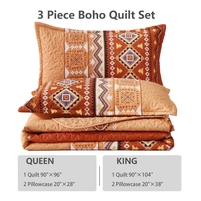 WONGS BEDDING 3 Pieces Quilt Set Queen Size, Burnt Orange/Rust Thanksgiving Quilt Bedspread Bohemian Coverlet Set with 2 Pillowcase, Fall Soft Thanksgiving Bedding Set for All Season 96"×90"