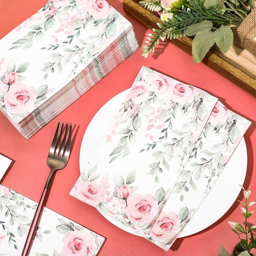 FYSUIMU Floral Guest Napkins - 100 Pcs Greenery Design with Roses & Eucalyptus | Disposable Paper Towels for Events