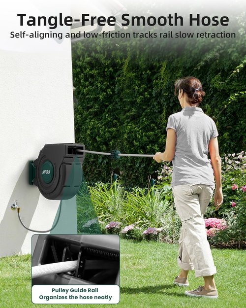 AYURA Retractable Garden Hose Reel - 100 ft x 1/2 Inch | Heavy-Duty Automatic Design with Kink-Free Rewind