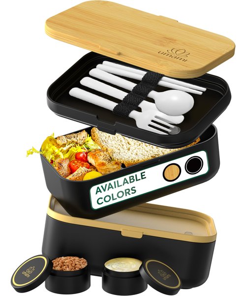 Umami Bento Box Adult All-In-1 w/4 Utensils, 2 Sauce Jars 2 Dividers, Bamboo Lid, 100% Leakproof, Microwave & Dishwasher Safe Stackable Bento Lunch Box Containers for Men/Women, Black Beige, 68 oz
