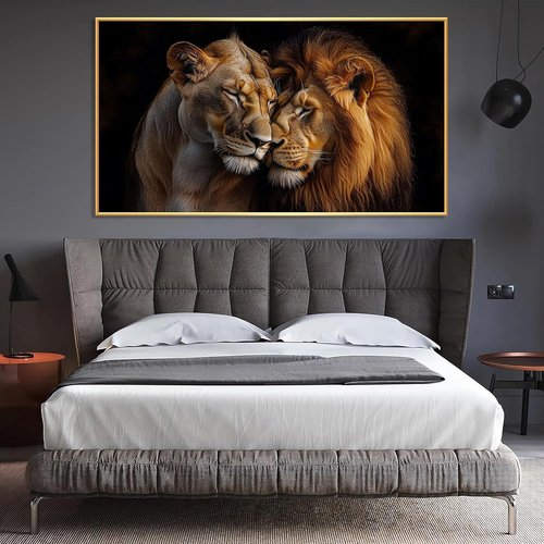 Lions Canvas Wall Art - Romantic Loving Lions Couple, African Wildlife Decor | Gold Framed 48"x27" (122x68cm)