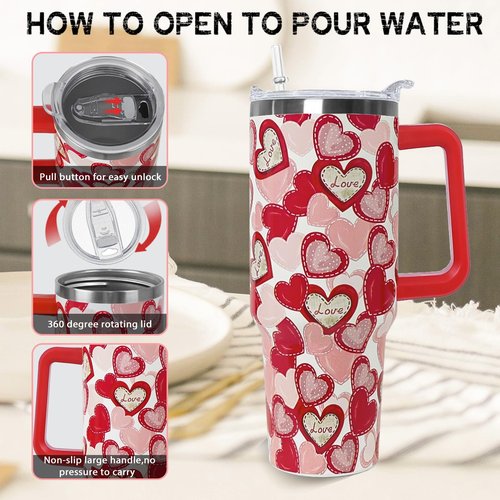 Nqhsionv Valentines Tumbler with Handle 40 oz Red Love Hearts Coffee Travel Mug Stainless Steel Insulated Cup Valentines Anniversary Wedding Birthday Gifts for Women
