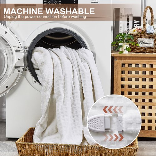 CAROMIO Electric Blanket Queen Size with Dual Control, Waffle Fast Heating Heated Blankets with ETL Certified, Soft Flannel & Sherpa Heat Throws, 5 Heating Levels & 10 Hours Auto Off, White, 84" x 90"
