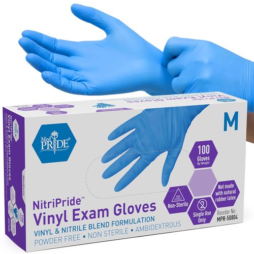 Med Pride Nitrile Vinyl Blend Exam Gloves - Powder-Free, Latex-Free, Disposable, Medium Blue (100 Count)