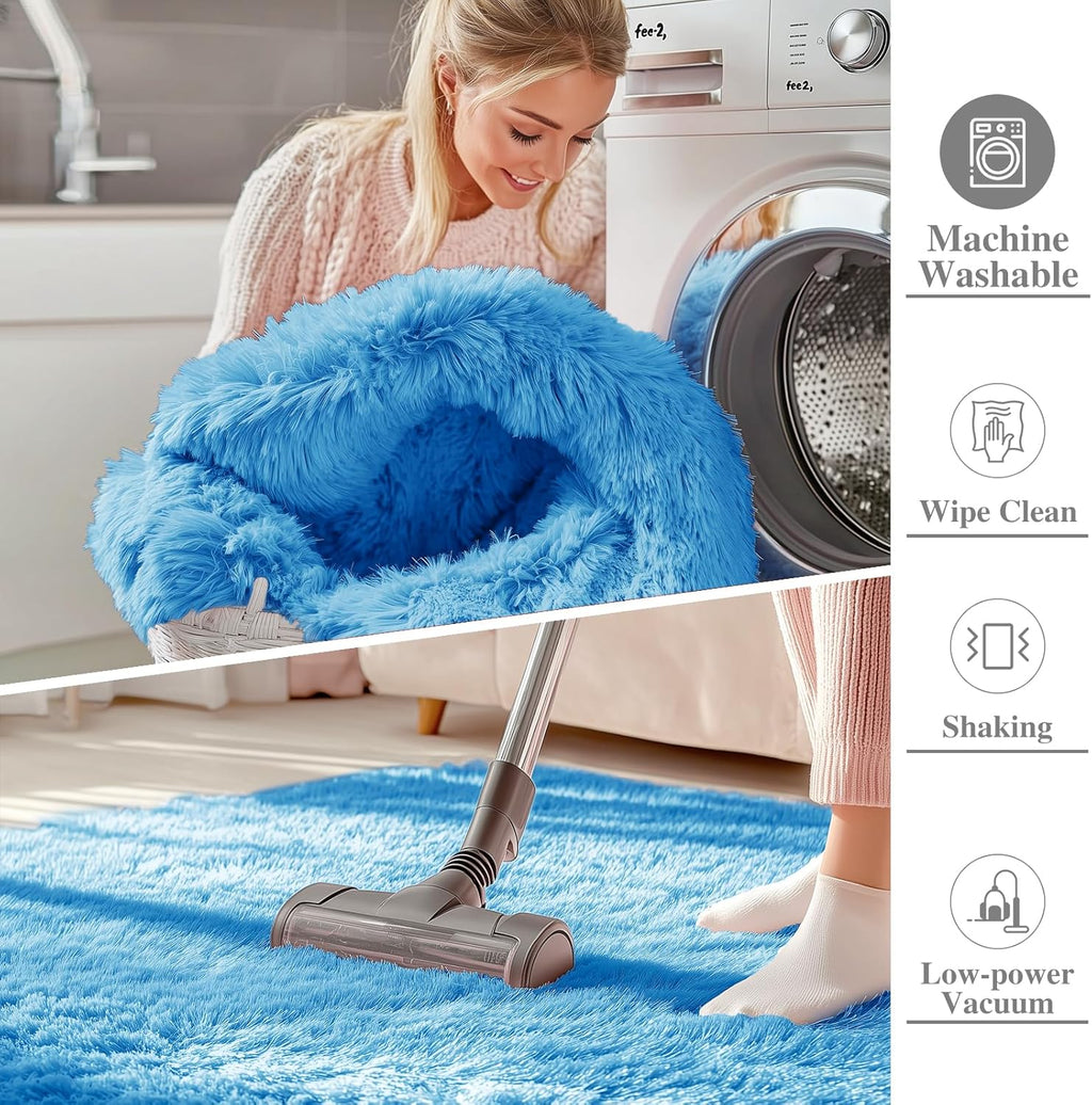 OLANLY Small Bedside Rug - Soft Fluffy Shaggy Throw Rug for Bedroom & Living Room | Bright Blue