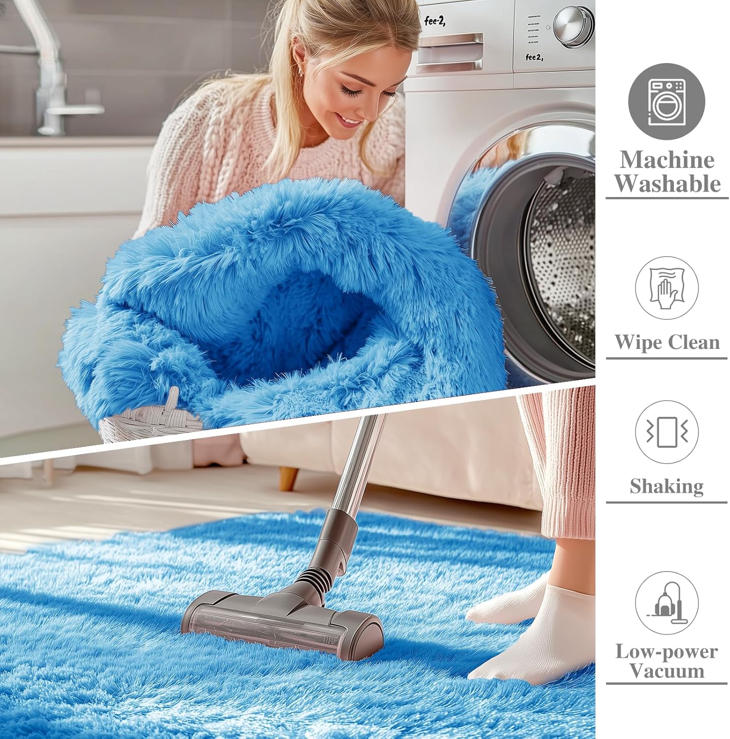 OLANLY Small Bedside Rug - Soft Fluffy Shaggy Throw Rug for Bedroom & Living Room | Bright Blue