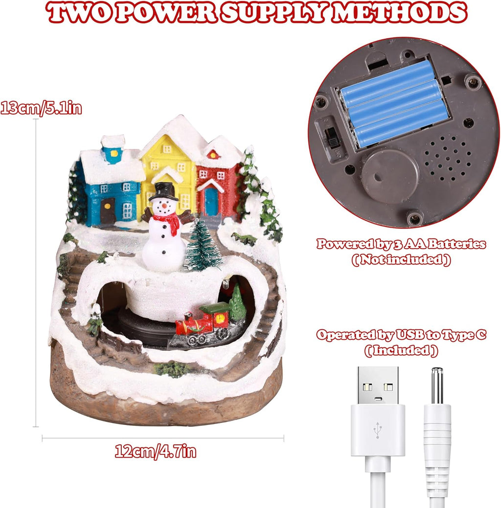 Musical Resin Snowman Figurines | Christmas Village Decor with Spinning Train & LED Lights - Holiday Centerpiece
