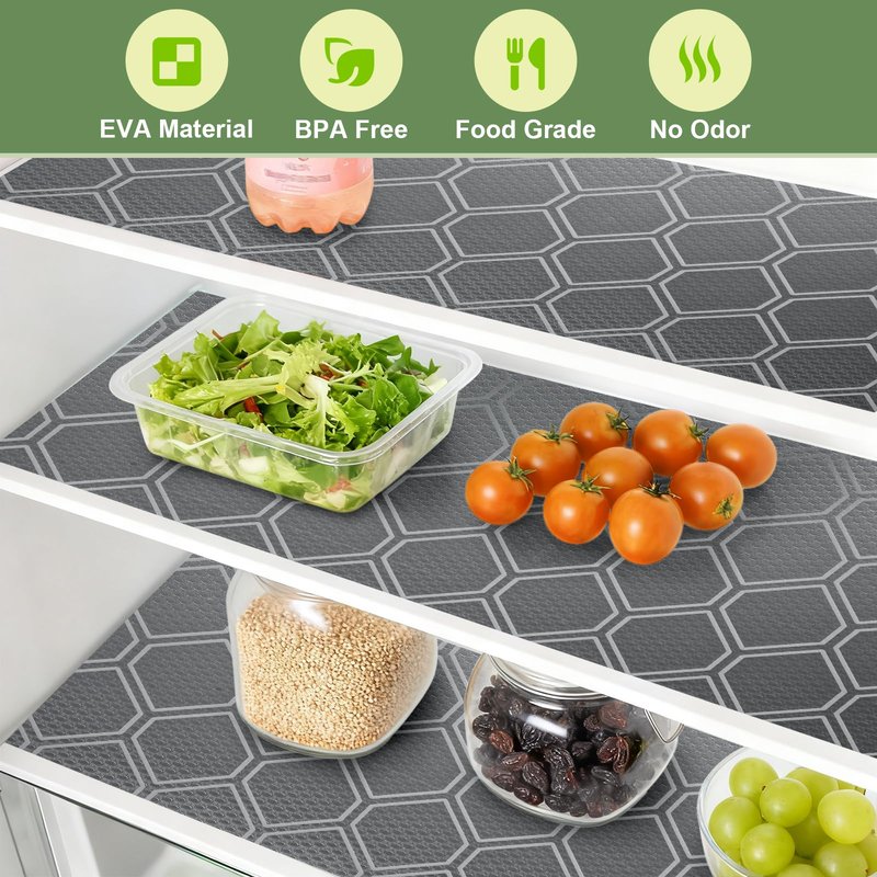 Non Adhesive Fridge Shelf Liner, Waterproof Drawer Liners for Kitchen Cabinet Refrigerator, No Slip Bathroom Cupboard Liner EVA Place Mat Roll -17.5" x 197" Grey