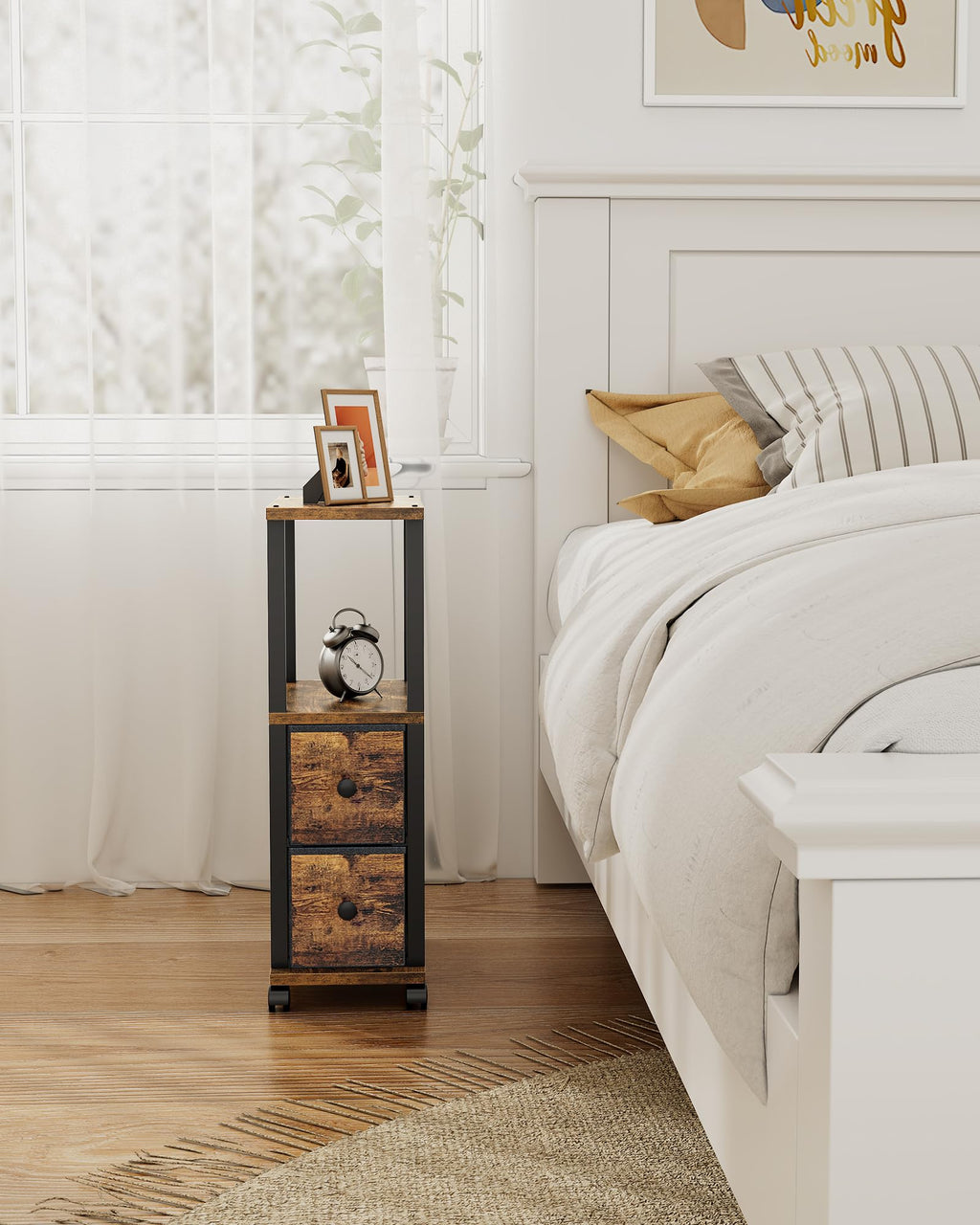 TUTOTAK Small Narrow End Tables, Side Tables with 2 Fabric Drawers, Set of 2, Bedside Tables with Charging Station for Small Spaces, Slim Nightstands with USB Ports and Wheels, TB01BB053C