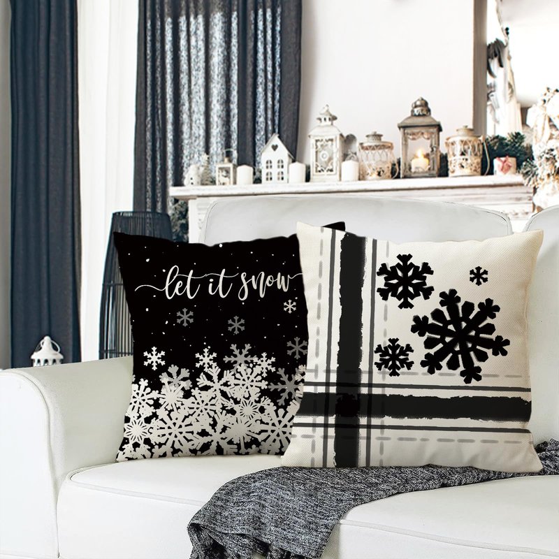 Fahrendom Winter Snowflake Decorative Throw Pillow Covers 18x18 Set of 4, Let It Snow Christmas Pine Tree Black Outdoor Pillowcase, Get Cozy Seasonal Holiday Farmhouse Cushion Case Home Decor