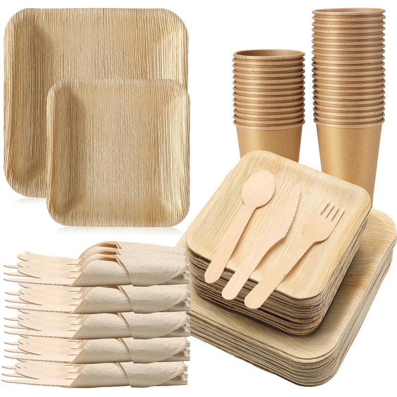 Bokon 350 Pcs Palm Leaf Disposable Dinnerware Set for 50 Guests, 50 Square Palm Leaf Plates 50 Dessert Plates 50 Forks 50 Spoons 50 Knives 50 Cups 50 Paper Napkins for Wedding Birthday Party Supplies