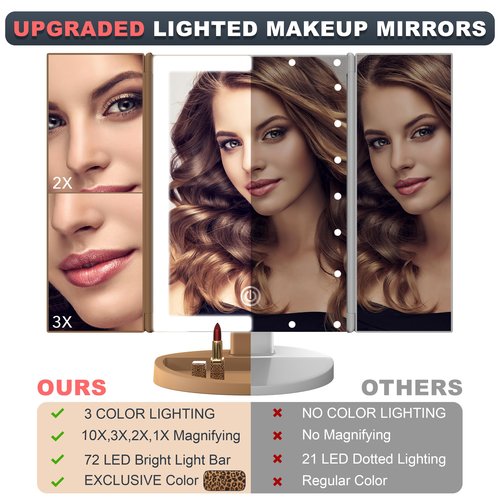 RoLeDo Lighted Makeup Mirror with Magnification 2X 3X 10X, Trifold Vanity Mirror with Lights, Touch Screen, 72 LED 3 Color Lighting, Dual Power, Leopard Print – Stylish Gift for Women & Teen Girls